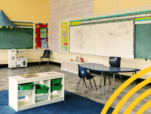 A bright, colourful classroom.