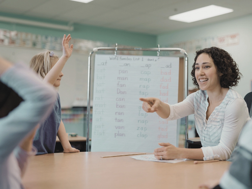 A teacher talking to a class of students about phonics