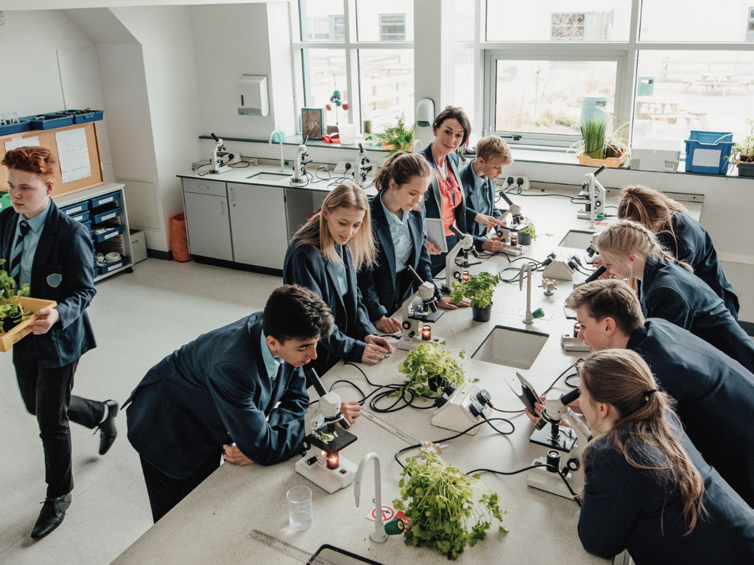 Students working in a science classroom